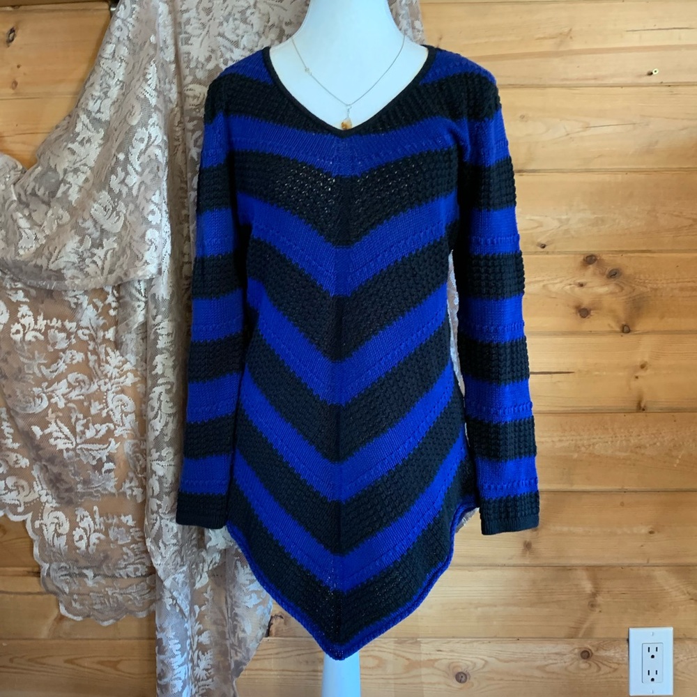 Black Blue Striped Open Knit Cotton Sweater Tunic Women Medium